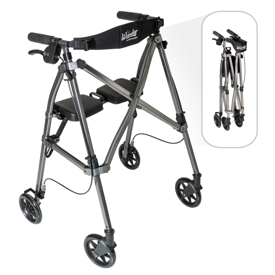 The Stander Space Saver Rollator – Ultra Compact & Lightweight – features four wheels, hand grips, and a soft seat. An inset displays the rollator folded for easy storage, showcasing its portability and convenience.